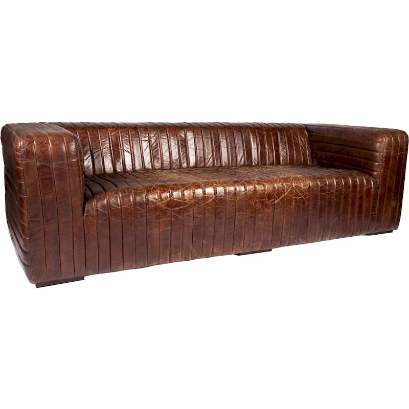 Modern Channel-Stitched Top-Grain Leather Sofa, 3-Seater