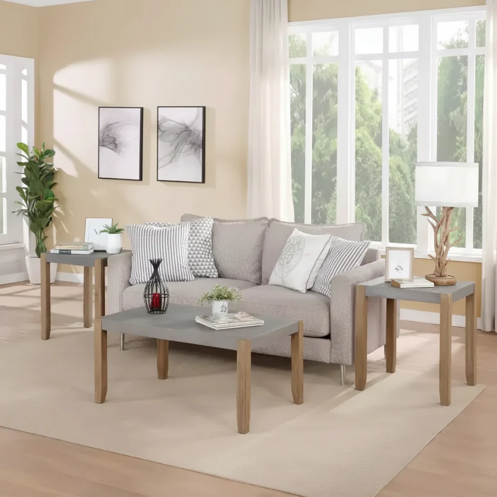 Faux Concrete and Wood Coffee Table, Light Amber