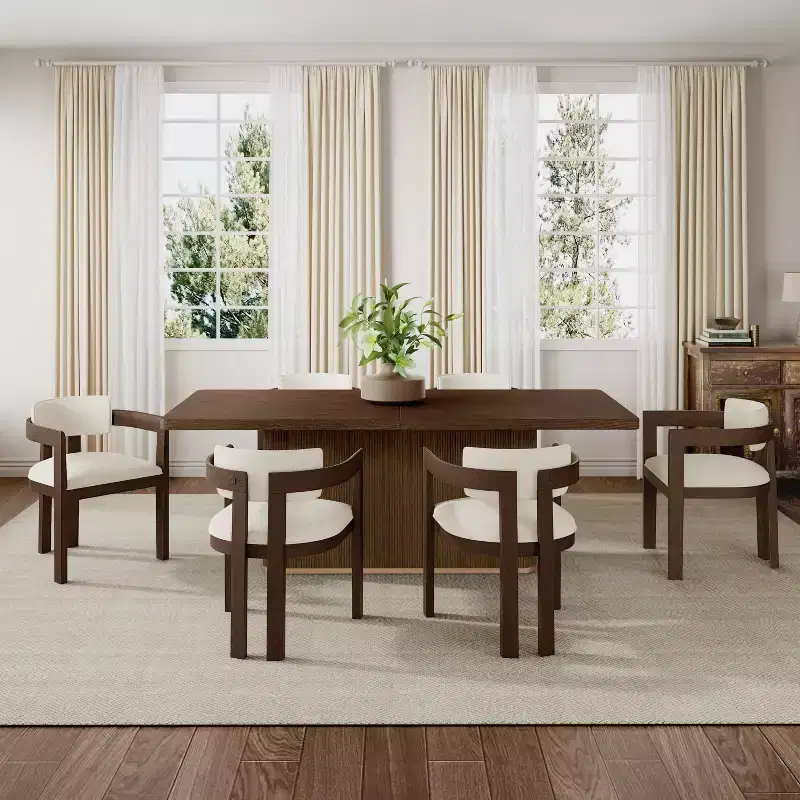7-Piece Rectangular Dining Set, Contemporary Style, Seats 6, Upholstered Arm Chairs