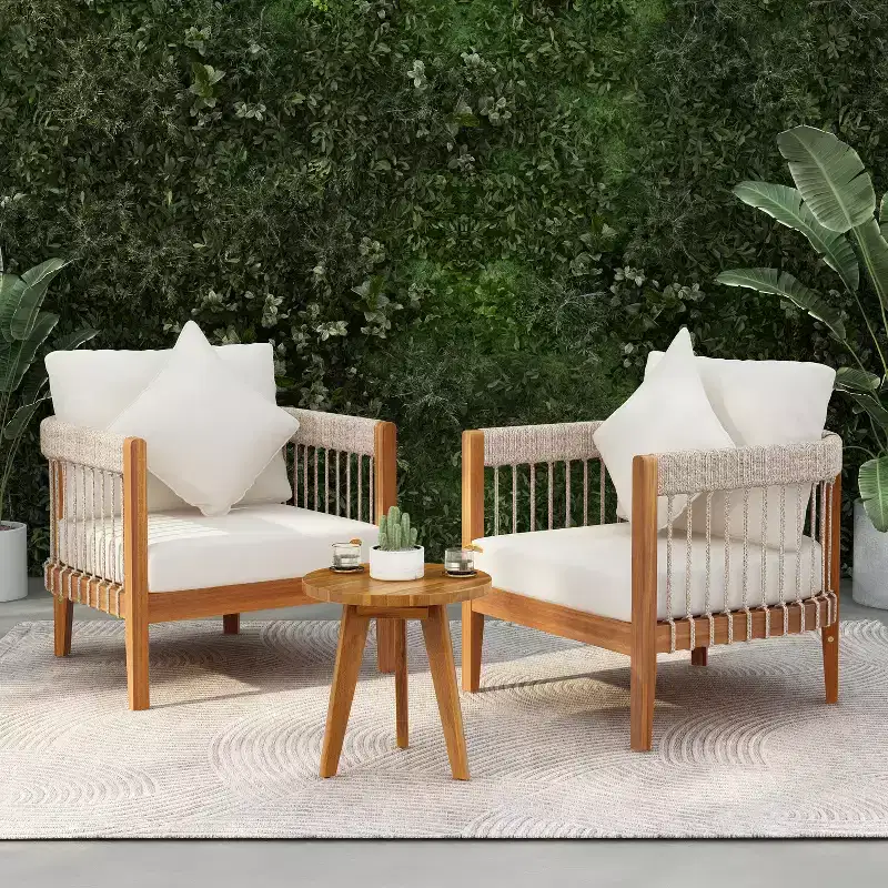 Christopher Knight Home Clifton 3 Piece Patio Rustic Acacia and Rope Slat Design Seating Set with Cushion