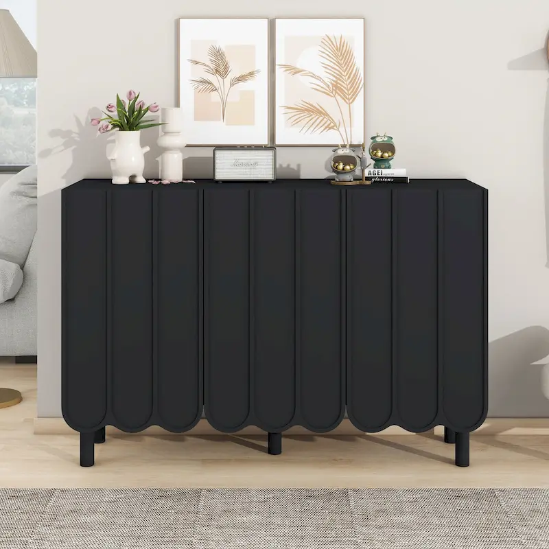 Cream Style Minimalist Shoe Cabinet with 5 Solid Wood Legs, Sideboard Buffet Cabinet with Adjustable Shelves