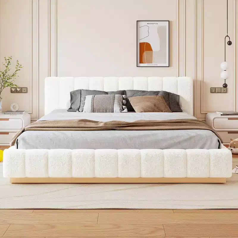 Queen/King Size Platform Bed Frame, Boucle Upholstered Low Profile Bed Frame with Wood Base for Bedroom, Apartment - ModernLuxe