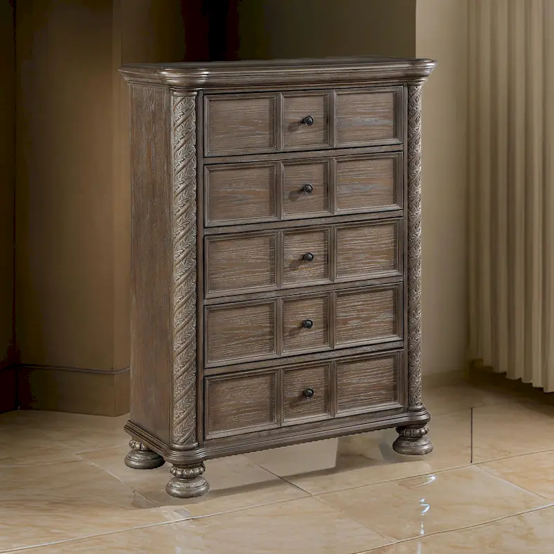 39 Inch Tall Dresser Chest, 5 Drawers and Bun Feet, Oak Brown Wood