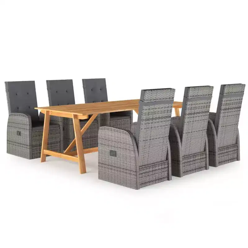 vidaXL 7-Piece Patio Dining Set - Gray PE Rattan Outdoor Furniture Set with Reclining Chairs, Thickly-Padded Cushions, Solid Acacia Wood Table