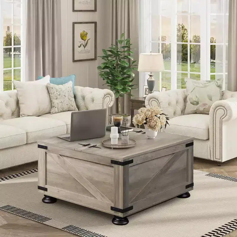 Square Wood Flip-Top Coffee Table for Living Room and Bedroom with Hidden Storage, 31.5