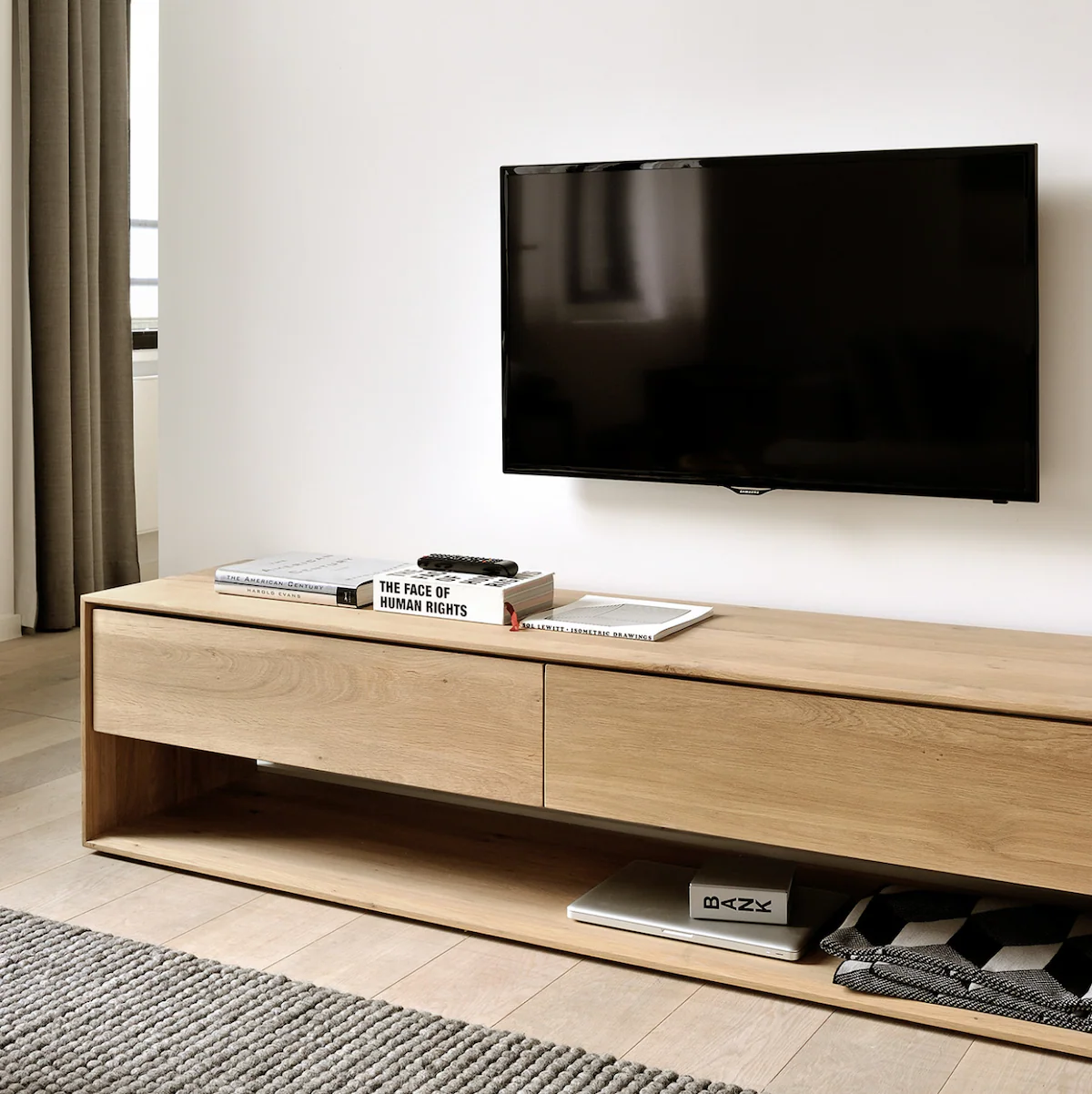 Natural Oak Entertainment Cabinet with Storage for Living Room