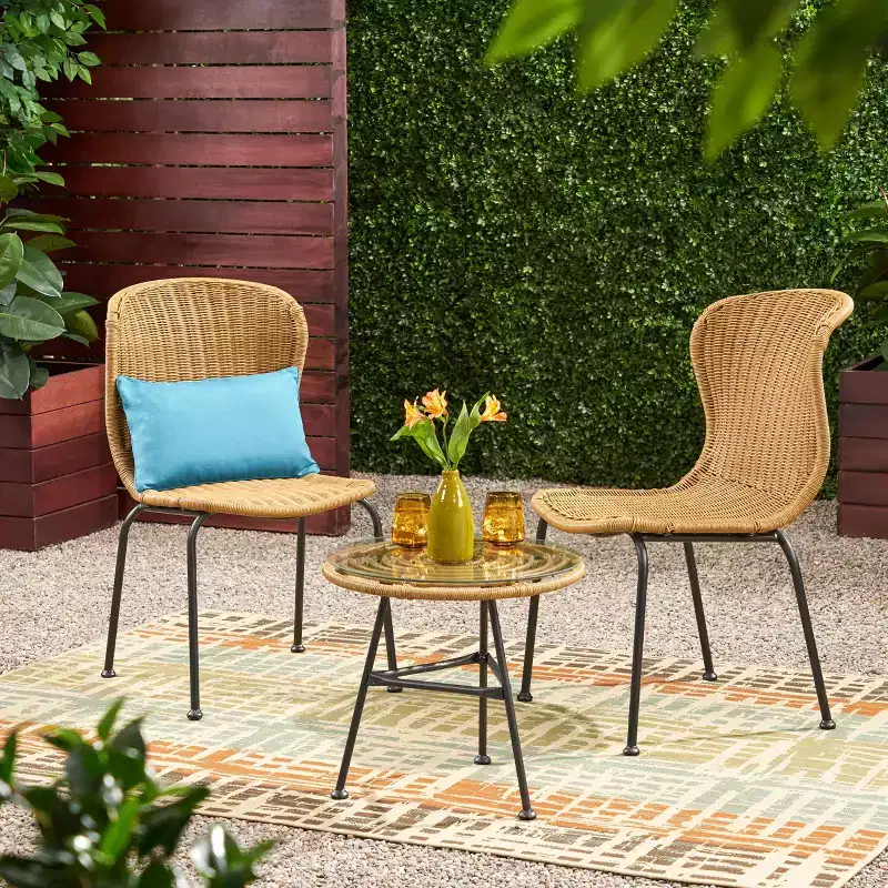 Christopher Knight Home Spinnaker Boho Outdoor Wicker and Tempered Glass 3 Piece Chat Set, Light Brown/Black