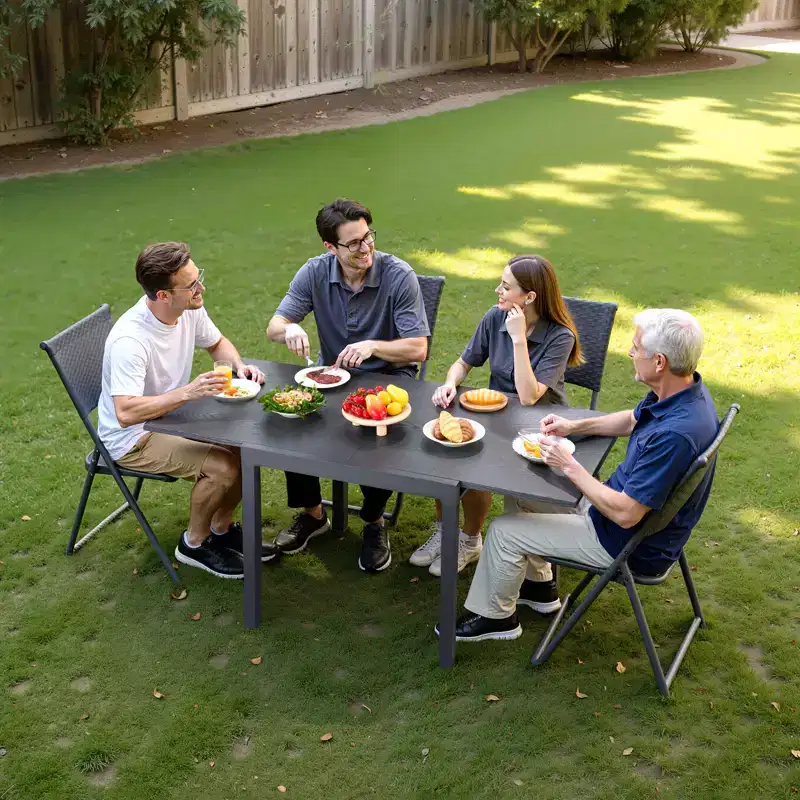 VEVOR Expandable Outdoor Patio Dining Table, 3263 inch Rectangular Backyard Bistro Tables for 4-6, Aluminum Frame Metal Steel Slat,Gray