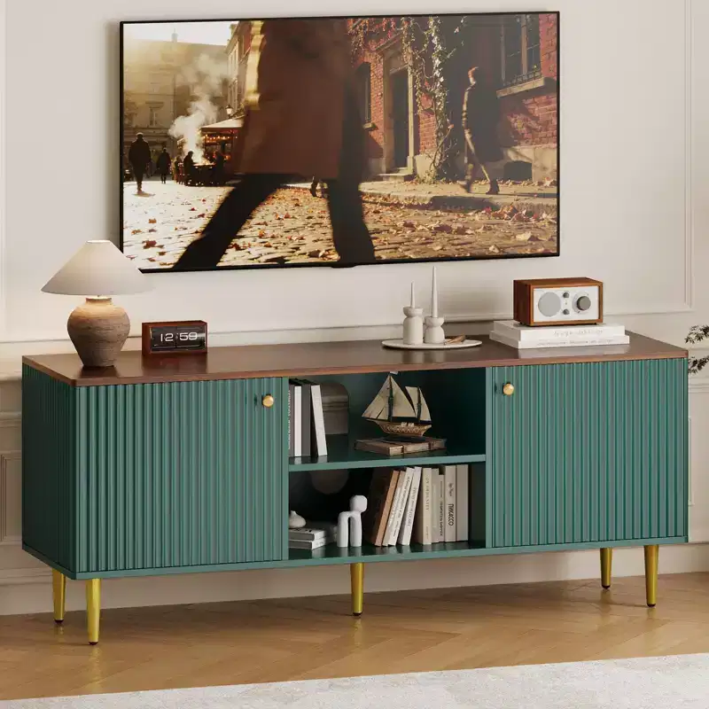 Garvee Fluted TV Stand for TVs up to 65in, Wooden Mid Century Entertainment Center 55in Long Media Console Table with 2 Doors Storage Adjustable Shelf