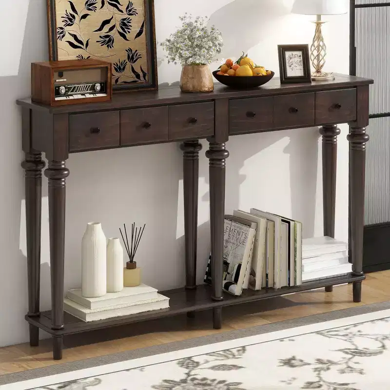 Okak 59.8IN Retro Entryway Table with 4 Drawers, Narrow Console Table with Open Shelves, Hallway Table for Living Room, Foyer, Espresso