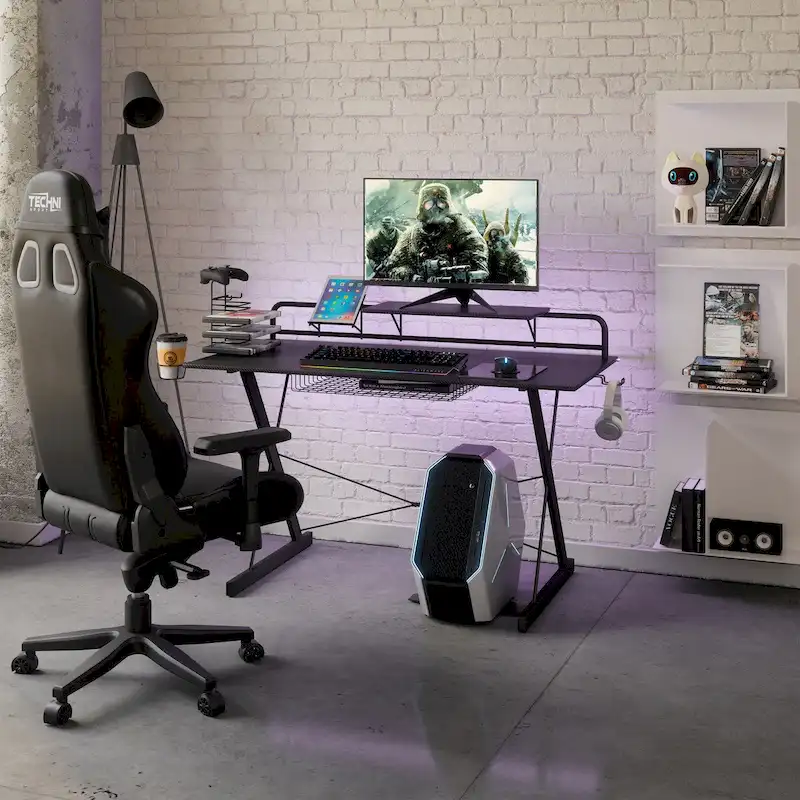 Techni Sport Carbon Computer Gaming Desk with Shelving