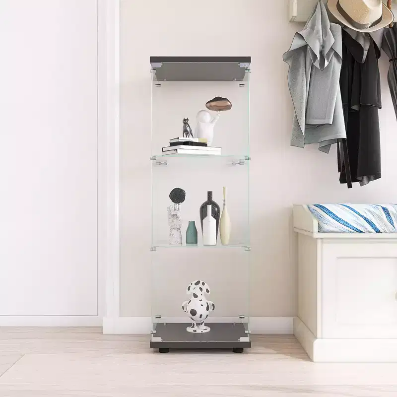 Modern Glass Display Cabinet With Clear Door Floor Standing 3-Shelf Collection Display Glass Bookshelf For Living Room Home Office