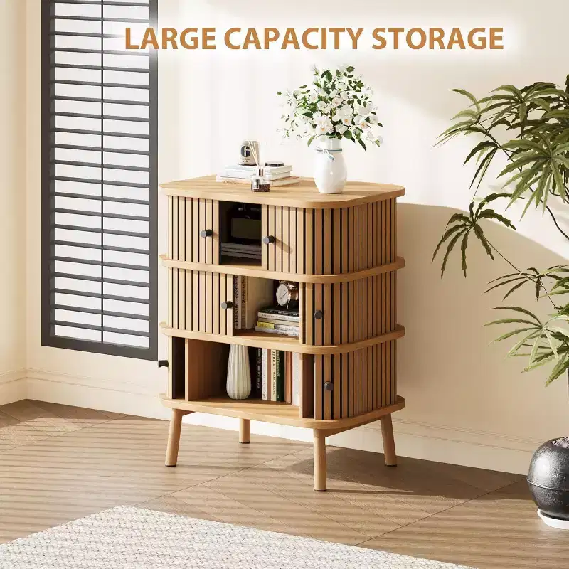 Mid-Century Wicker 3-Drawer Dresser, Natural Chest with Black Handles & Tapered Wood Legs