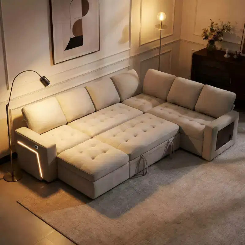 Dyonery 7-seater U-shaped sofa, Modular sofa bed, with pull-out bed, reclining backrest, storage cabinet, tool-free assembly, snow velvet