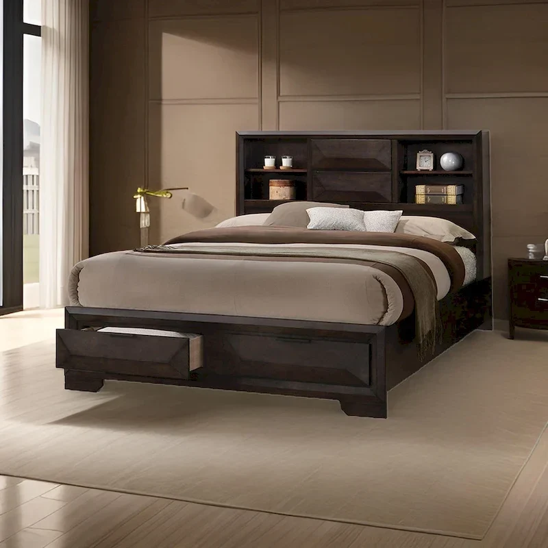King Bed with Bookcase Headboard & 2 Footboard Drawers – Espresso Brown & Black, Solid & Engineered Wood, Single