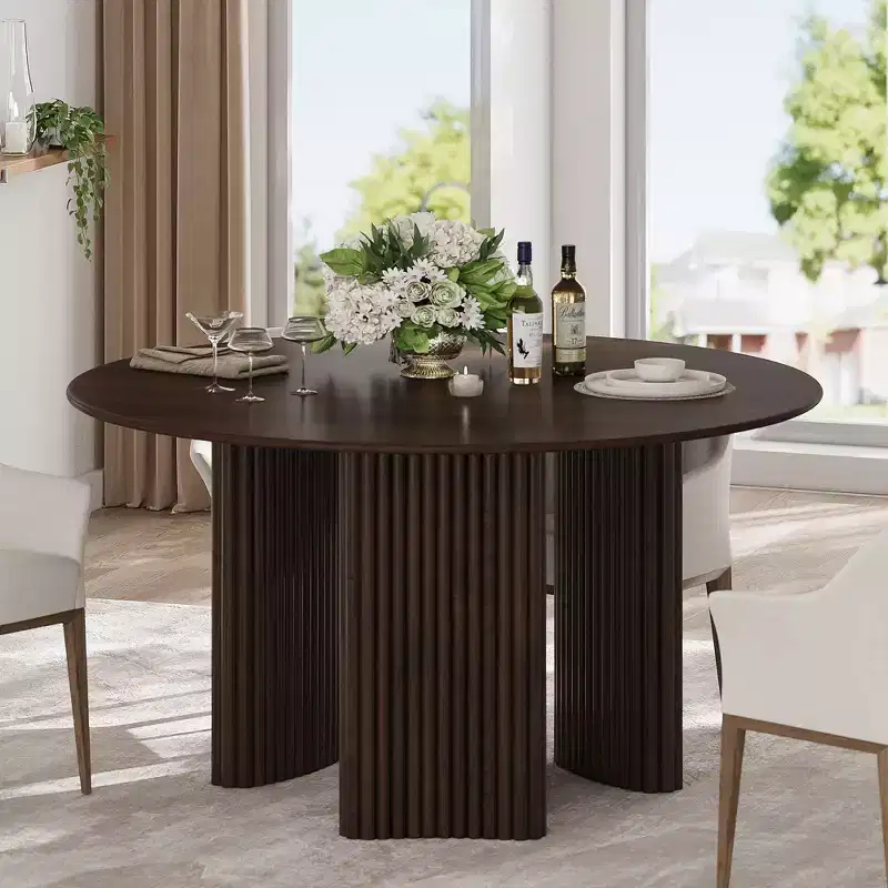 52 Modern Round Dining Table with Striped Column Legs Solid Wood Kitchen Table Anti-Scratch Footpads for Dining Room & Kitchen Bar in Walnut