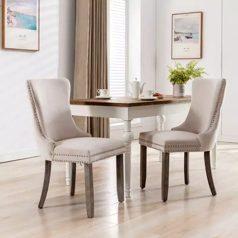 Okak Retro Dining Chairs Set of 2, Comfy Upholstered Wing-Back Chairs with Backstitching Nailhead Trim, Kitchen Chairs with Solid Wood Legs