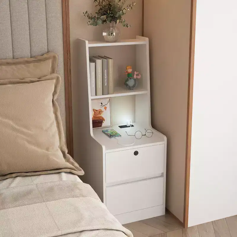 Lockable Storage Cabinet with Charging Station, 2-Tier Open Shelves, and 50 Ibs LoadIdeal as a Nightstand or Bedside Table,White