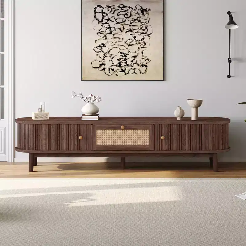 Modern 75 TV Stand with Rattan Drawer & Sliding Doors, Stylish Media Console Wood Entertainment Center with 2 Storage Cabinets, Dark Brown