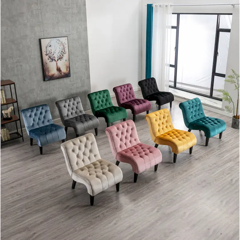 Velvet Armless Accent Chair with Wooden Legs and Thick Cushioned Seat