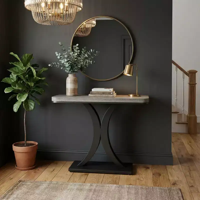 Modern Industrial Compact End Table with Curved Wood Top & Geometric Metal Base