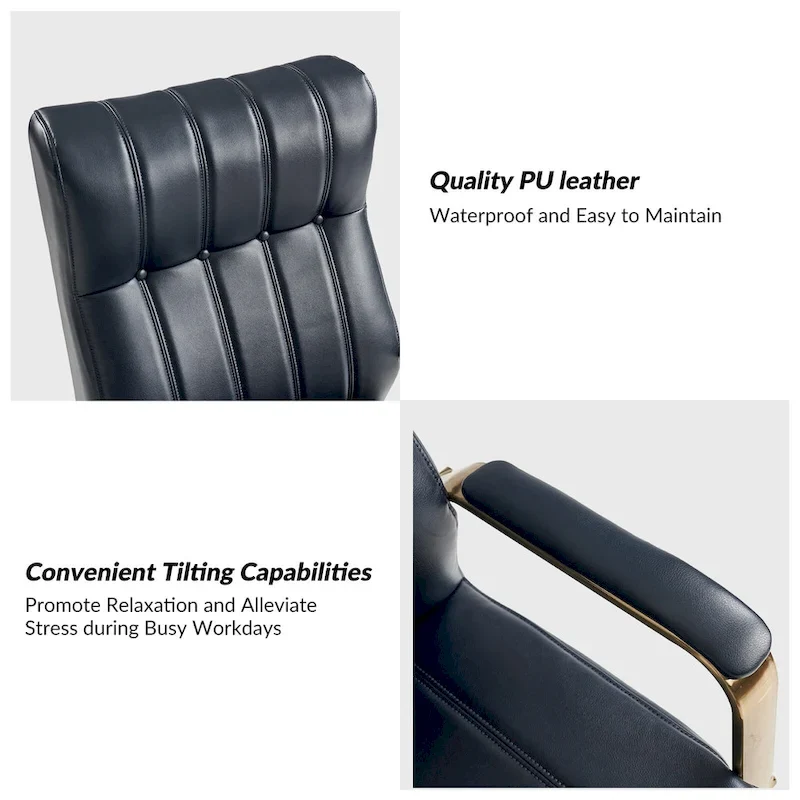 Mid-Century Modern Vegan Leather Swivel Tilting Office Chair with Channel Tufted and Metal Feet