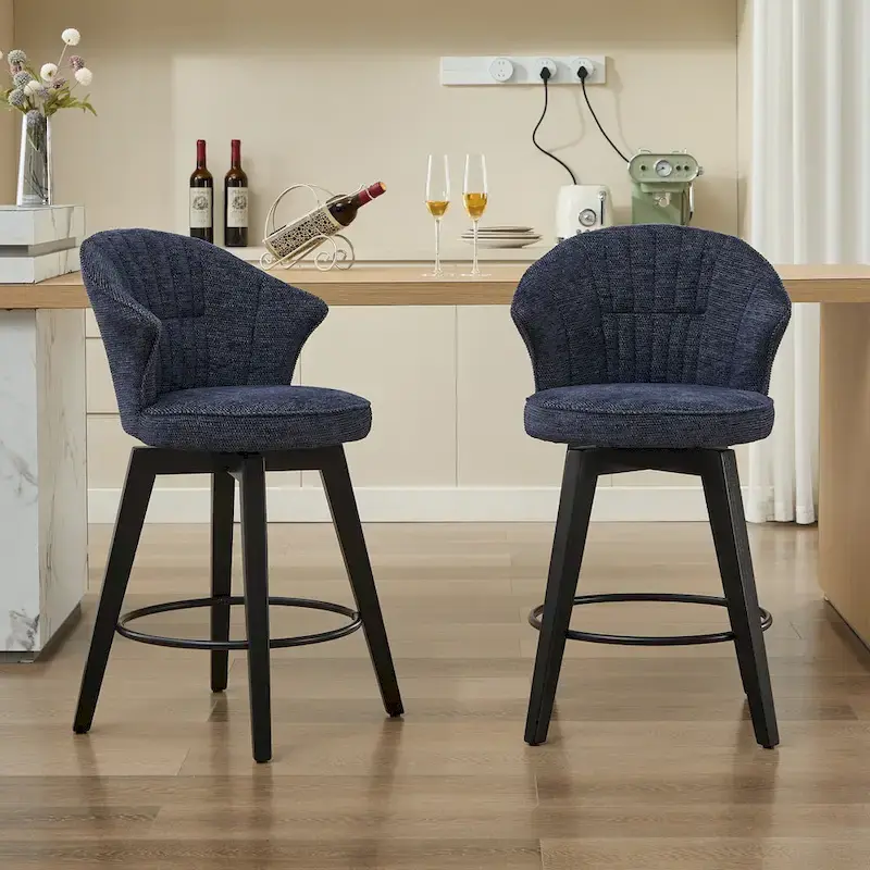 White / Blue / Dark Grey Swivel Bar Stools, Set of 2, Chenille Cushioned Counter Height Chairs with Metal Legs