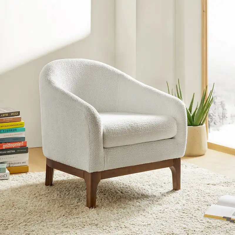 Augus Modern Boucle Accent Barrel Chair with Solid Wood Legs by HULALA HOME