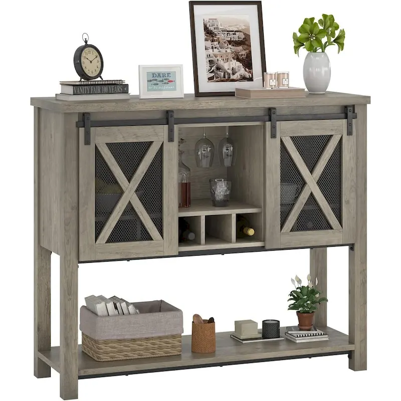 Coffee Bar Cabinet, Table Buffet Storage Cabinet with Wine Glass Rack
