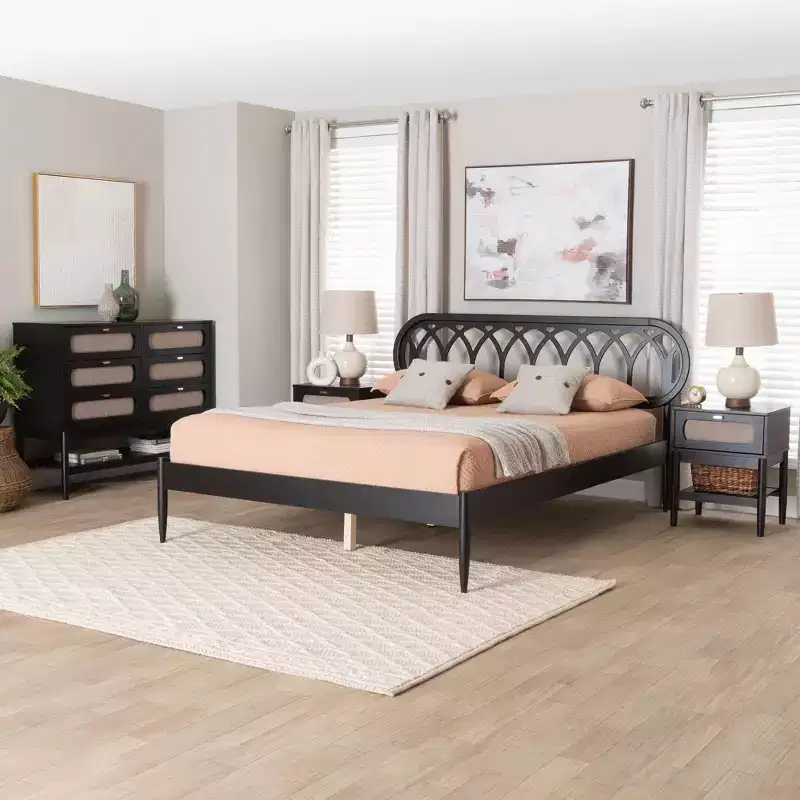 Baxton Studio Florica Art Deco Black Wood Queen 4-Piece Bedroom Set with Two Nightstands