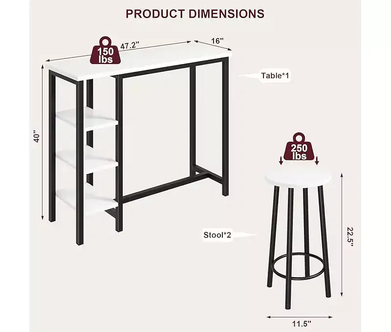 Counter Height Dining Table Set with 3 Storage Shelves, 3 Piece, 47.2L x 16W x 40H, Kitchen, Dining Room