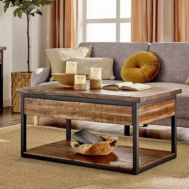 Claremont Rustic Wood Coffee Table with Low Shelf Dark Brown - Alaterre Furniture: Acacia Top, Steel Hardware, Storage Shelf