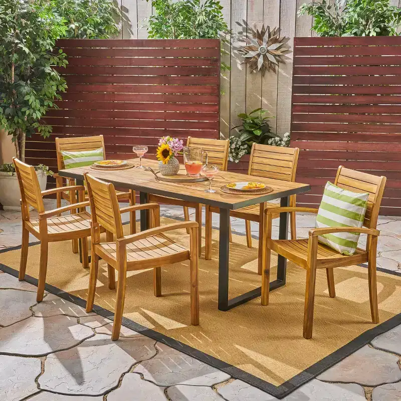 Christopher Knight Home Alderson Outdoor Iron and Acacia Wood 7 Piece Dining Set, Teak and Black