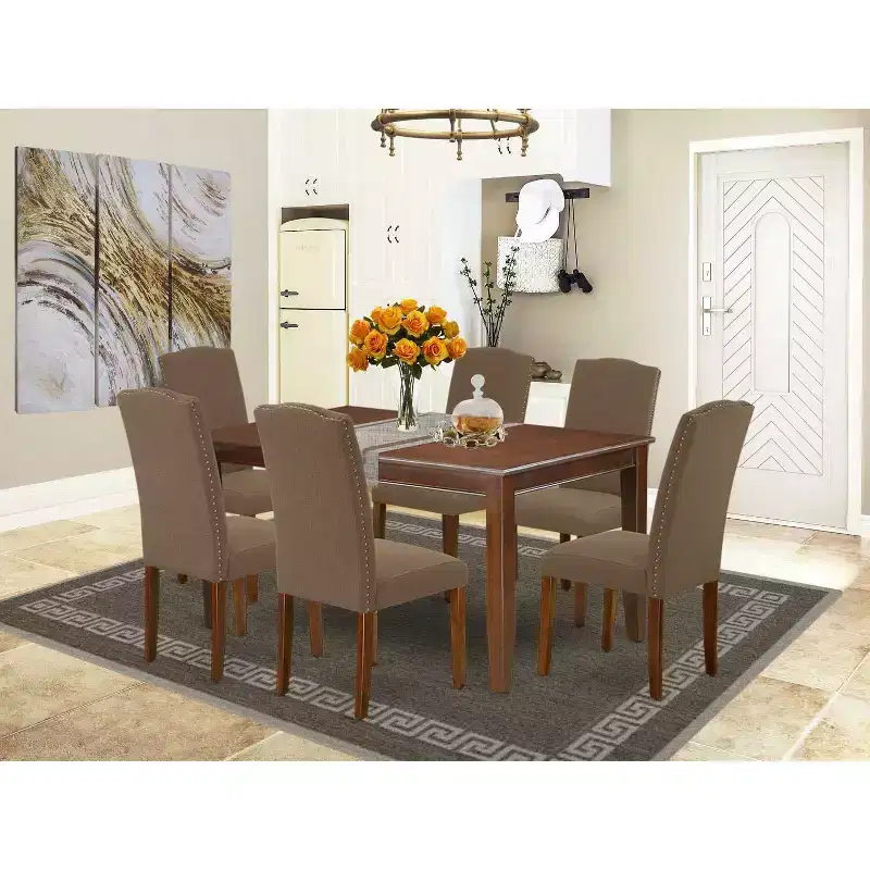 HomeStock 7 Piece Mid-Century Dining Set Dark Coffee Linen Chairs 36x60 Table