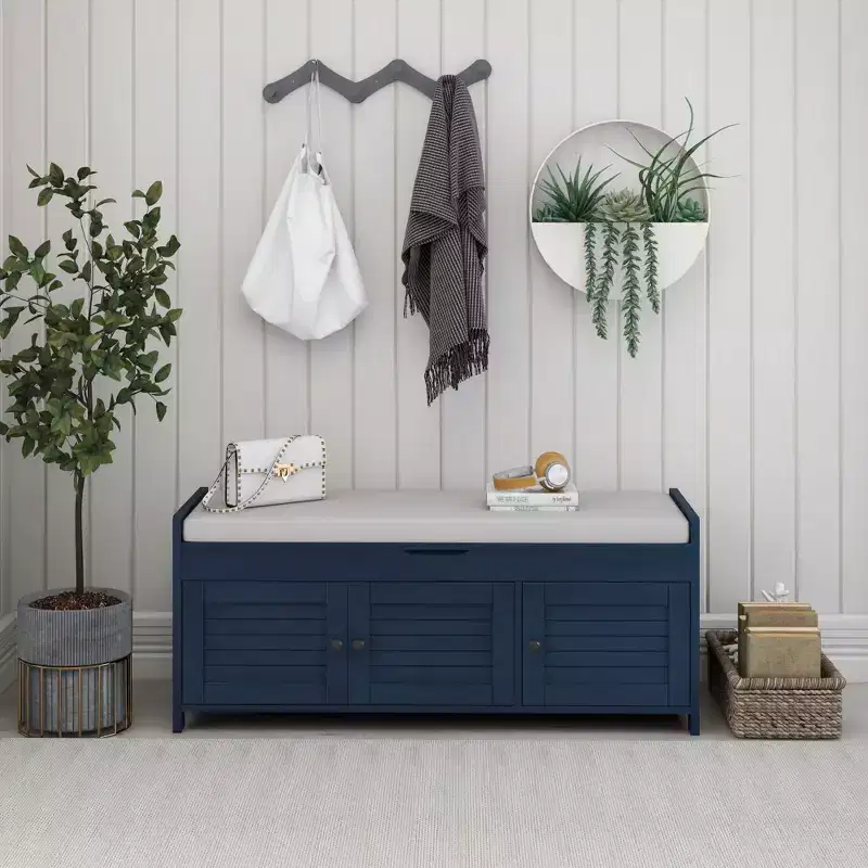 Storage Bench with 3 Shutter-shaped Doors, Removable Cushion and Hidden Storage Space-ModernLuxe
