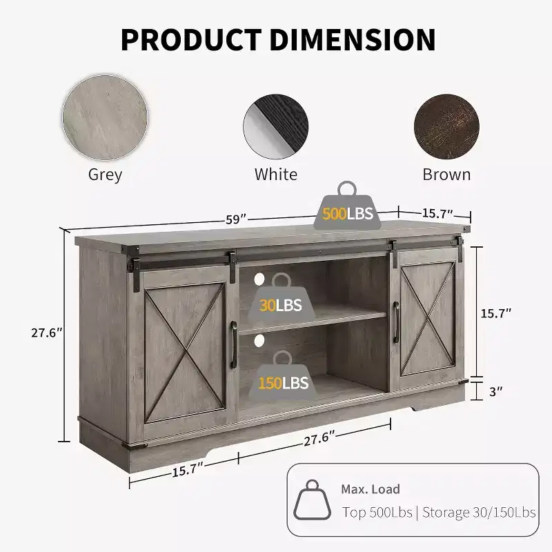 59-Inch TV Stand with Sliding Barn Doors and Storage Cabinets
