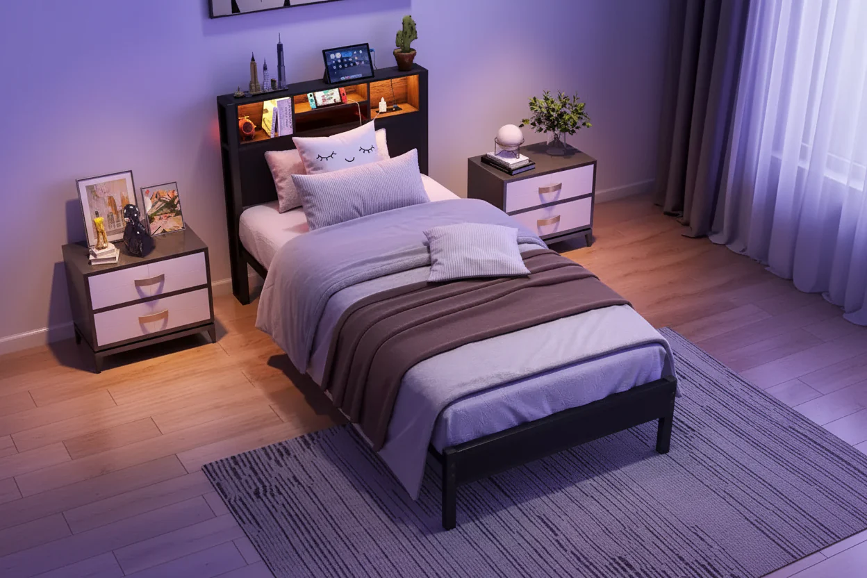 Twin Size Metal Platform Bed Frame with Storage Headboard, LED Lights & Charging Station
