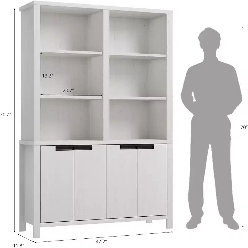 70.7Inch Tall Double Wide Bookshelf with Doors and Adjustable Shelves,5Tier Farmhouse Bookcase with Cabinet and Double Storage for Living Room,Office