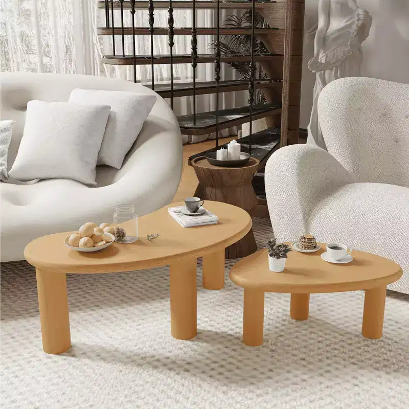 MAYEERTY Solid Wood Coffee Table Set Cashew Shaped in Black Color for Living Room Bedroom Beige