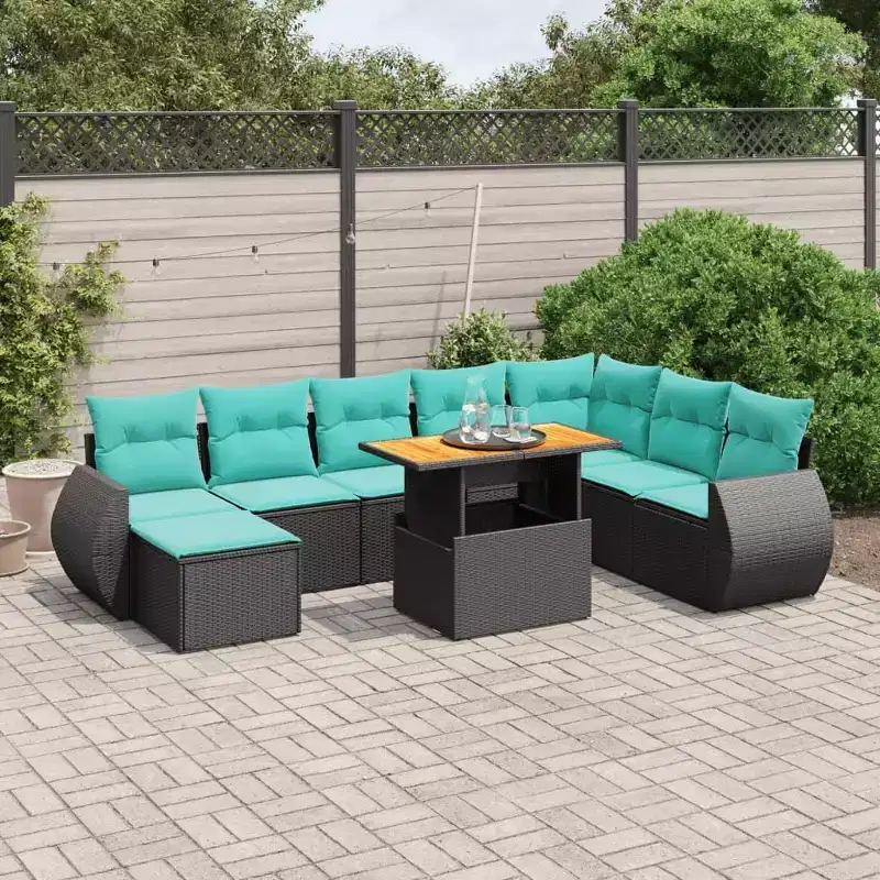 vidaXL 9 Piece Patio Sofa Set with Cushions Black and Blue Poly Rattan