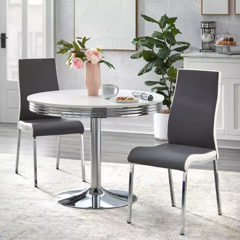 Torrance Retro Dining Table with Padded Chair Seats and Highbacks White/Chrome Finish/Gray