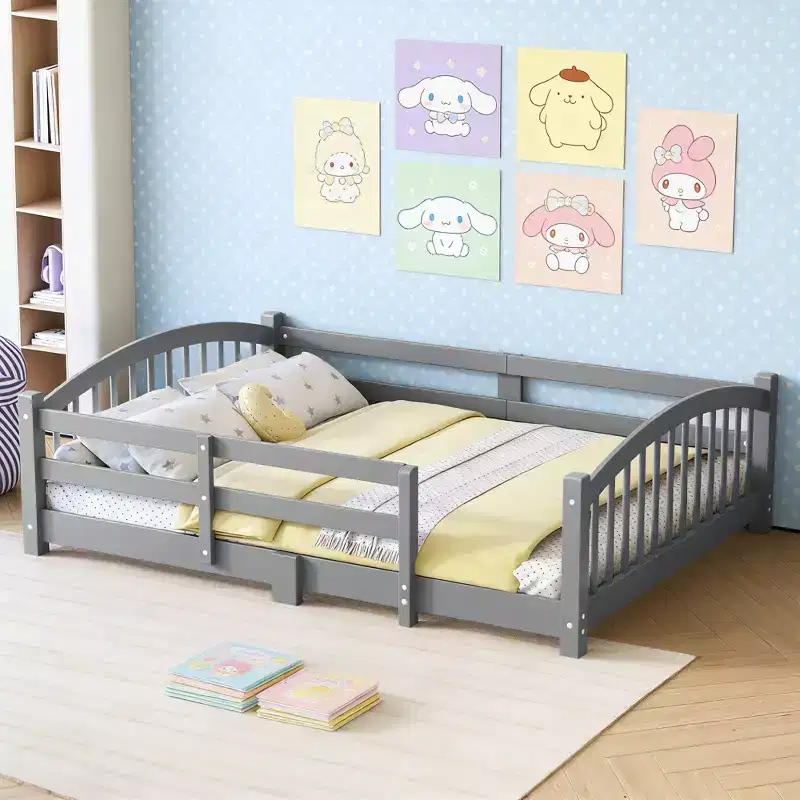 Full Size Montessori Low Profile Bed with Safety Rails and Headboard