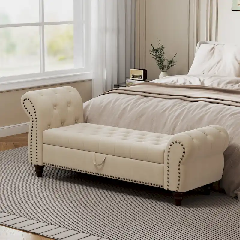 64.5 Bench for Bed Room Nails Tufted Chaise of Lounge with Storage Velvet Upholstery Khaki