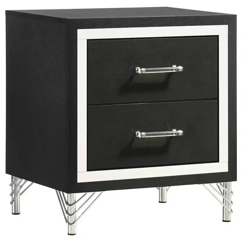 2-Drawer Nightstand, White with Gold Trim and Hairpin Legs