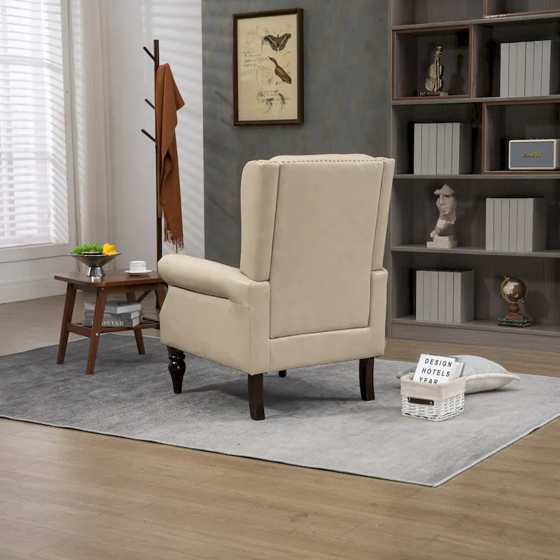Upholstered PU Leather Accent Chair,Mid Century Button Tufted High Back Arm Chair with Armrest and Solid Wood Legs