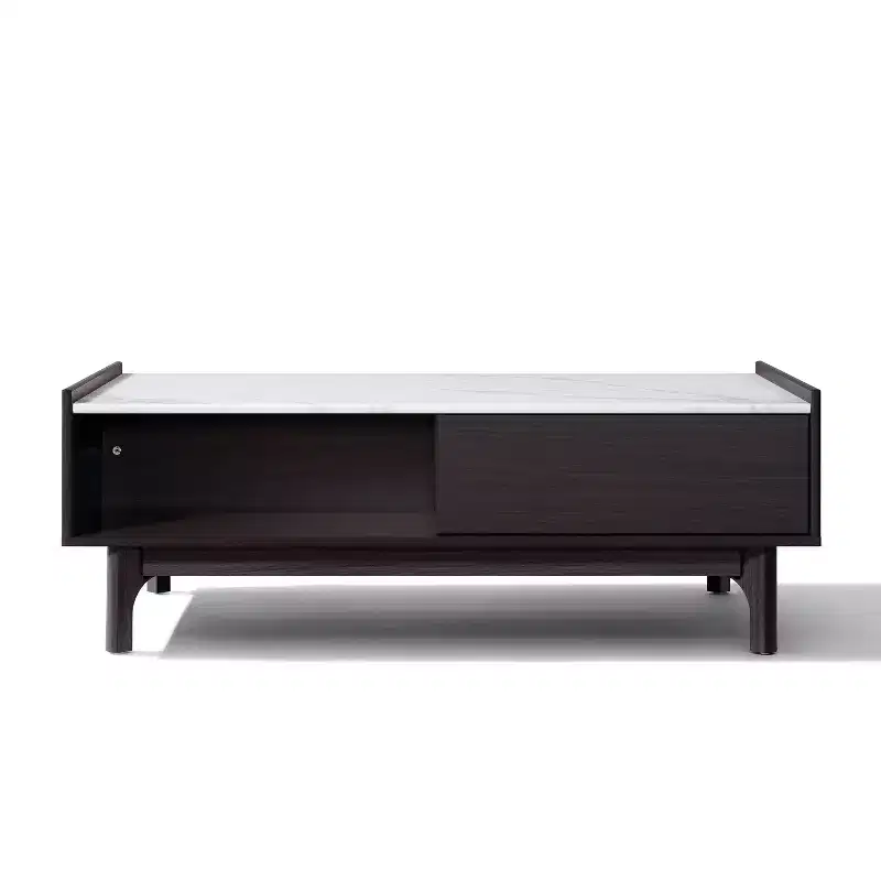 Wenge Coffee Table with Door, Open Storage & Faux Marble Top