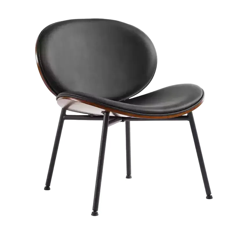 Mid-Century Modern Shell Chair - Tripod Base, Black Leather, Walnut Finish, Comfortable Backrest
