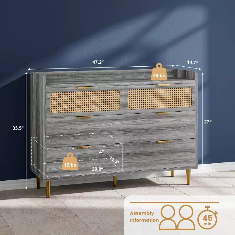 Zstar 47 wide 6 drawer double dresser for bedroom