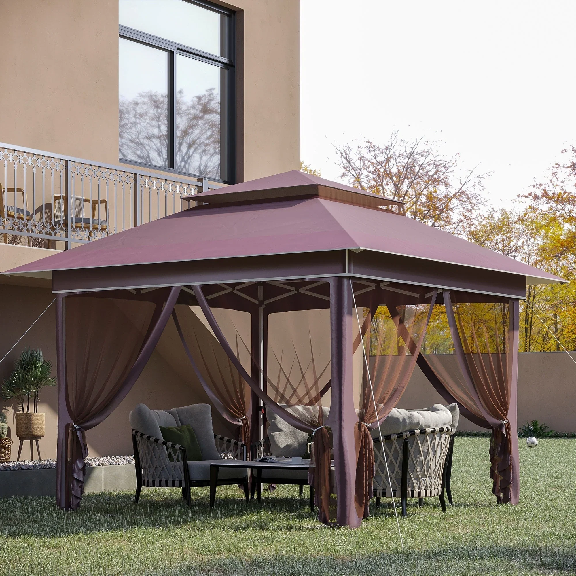 Outsunny 12 x 12 Pop Up Canopy Sun Shade Instant Tent Folding with Mesh Sidewall Netting, 3-Level Adjustable Height