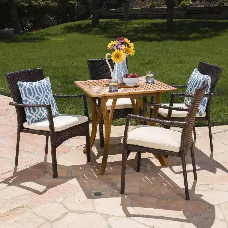 Christopher Knight Home Ferris Outdoor Acacia Wood and Wicker 5 Piece Dining Set with Cushions